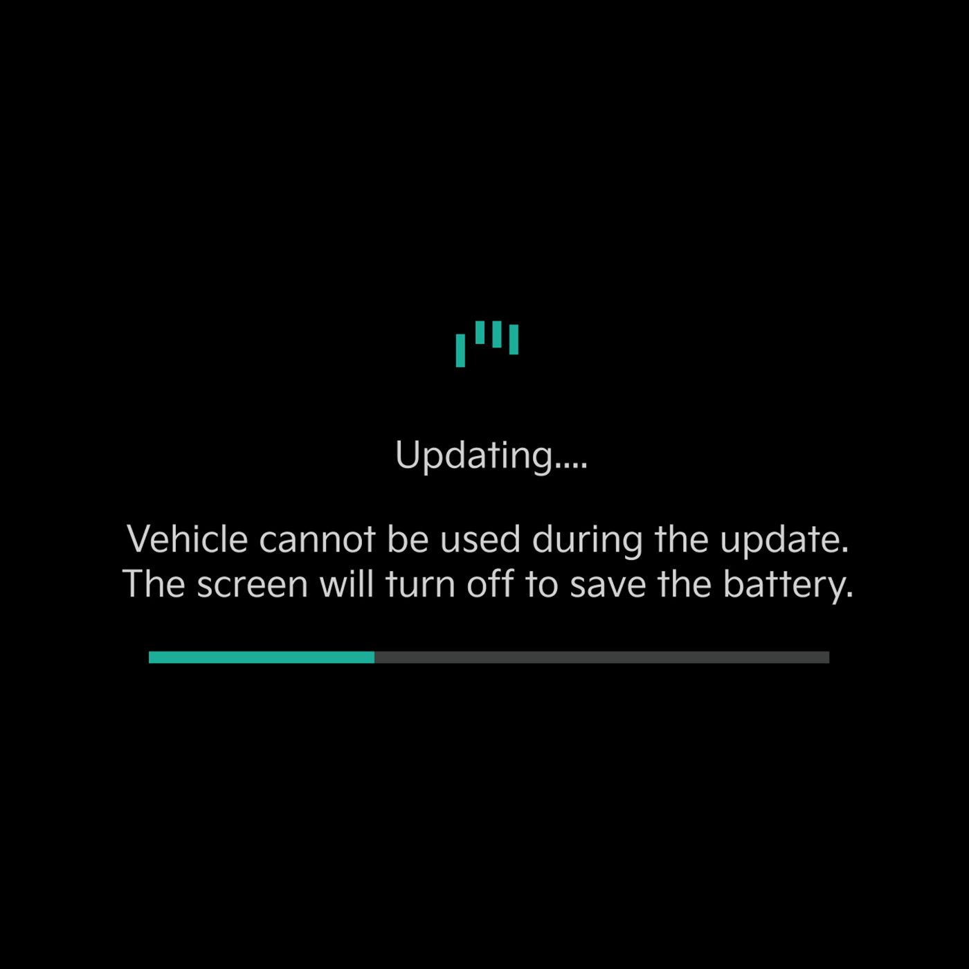 An over-the-air update notice that says, Vehicle cannot be used during the update. The screen will turn off to save the battery.