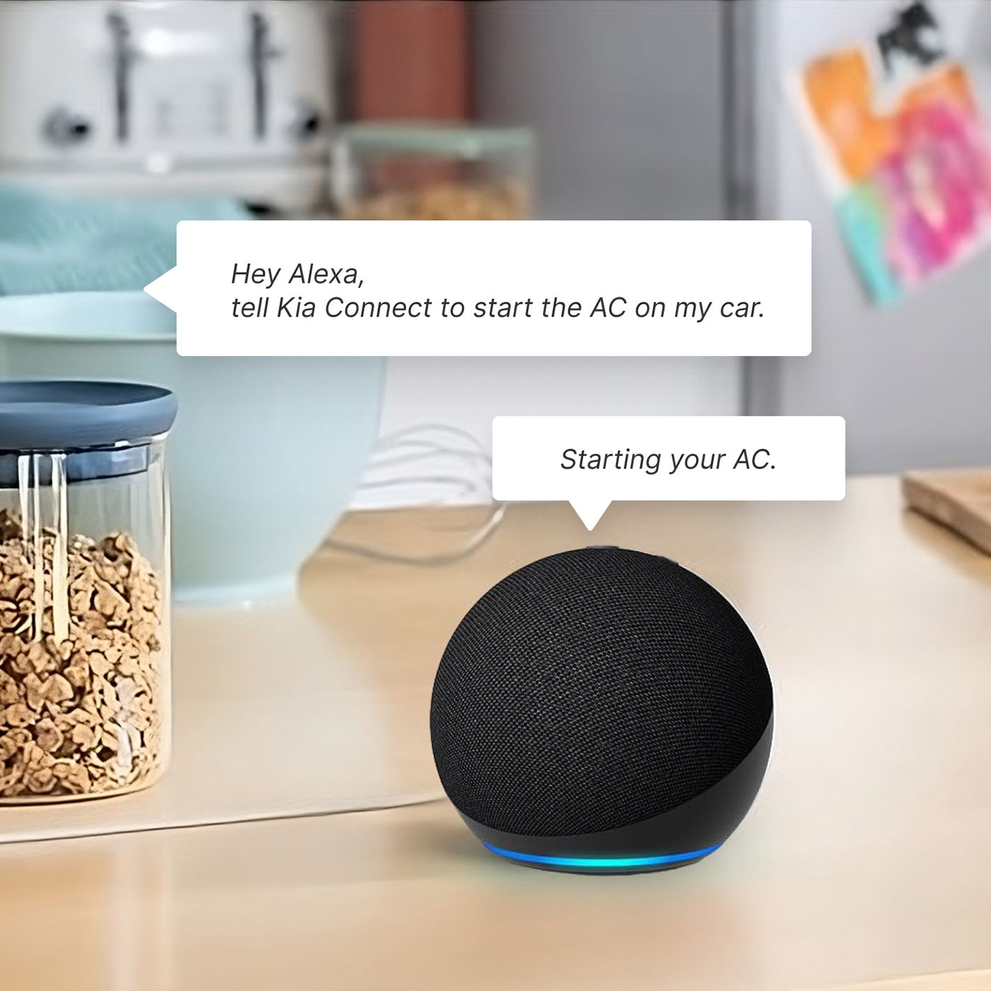 Black Alexa device with speech bubble that asks Kia Connect to start AC in the car and a response bubble to confirm the starting of the AC
