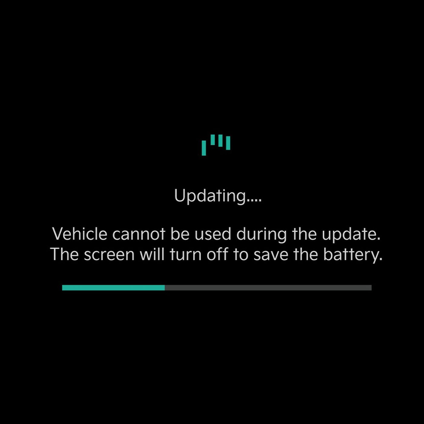 An over-the-air update that says, Vehicle cannot be used during the update. The screen will turn off to save the battery.