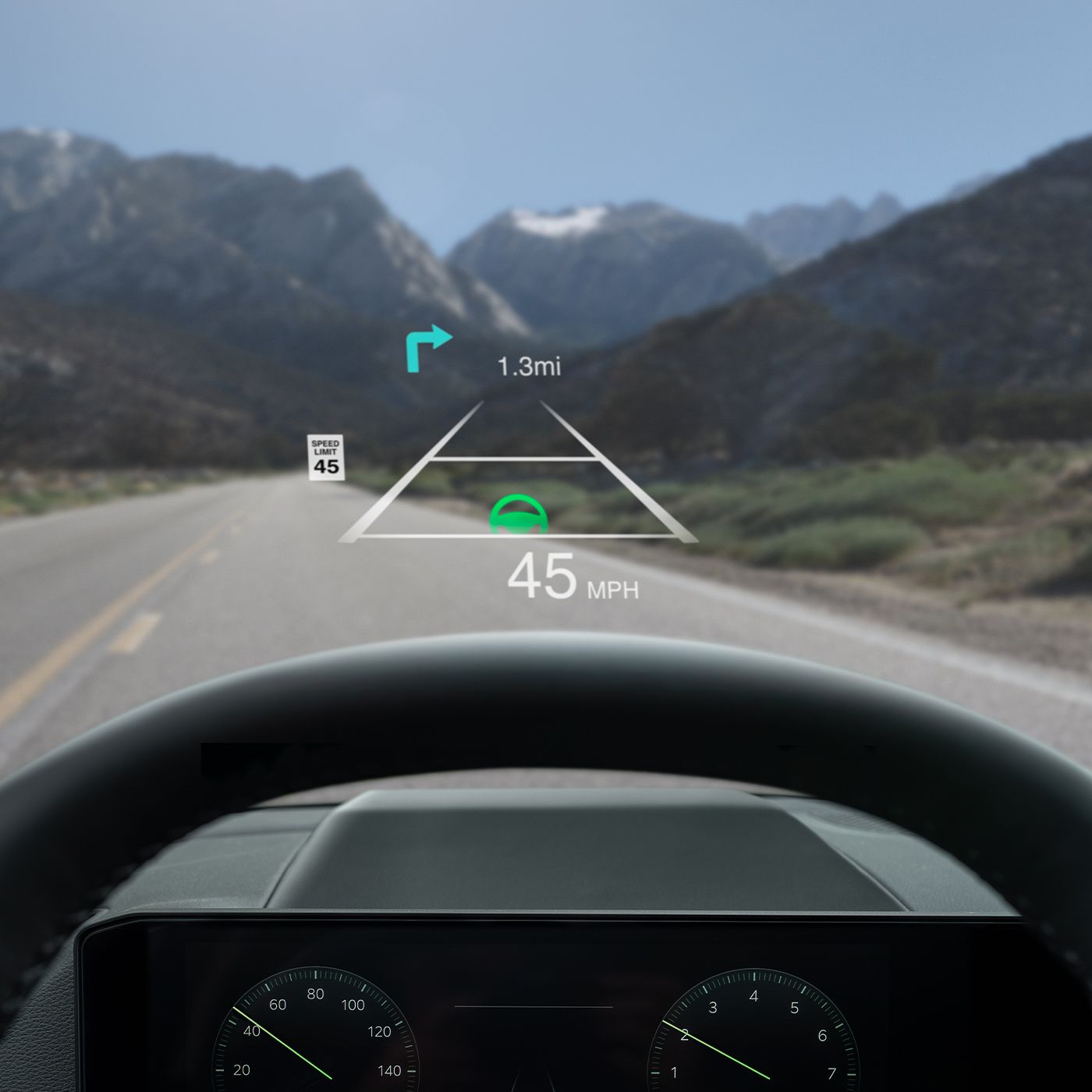 Interior of the 2027 Kia Sportage Hybrid from the driver's perspective, featuring a clear head-up display with key driving info like speed limit, mph, and directions. The view out of the windshield is of a road surrounded by mountains and greenery.