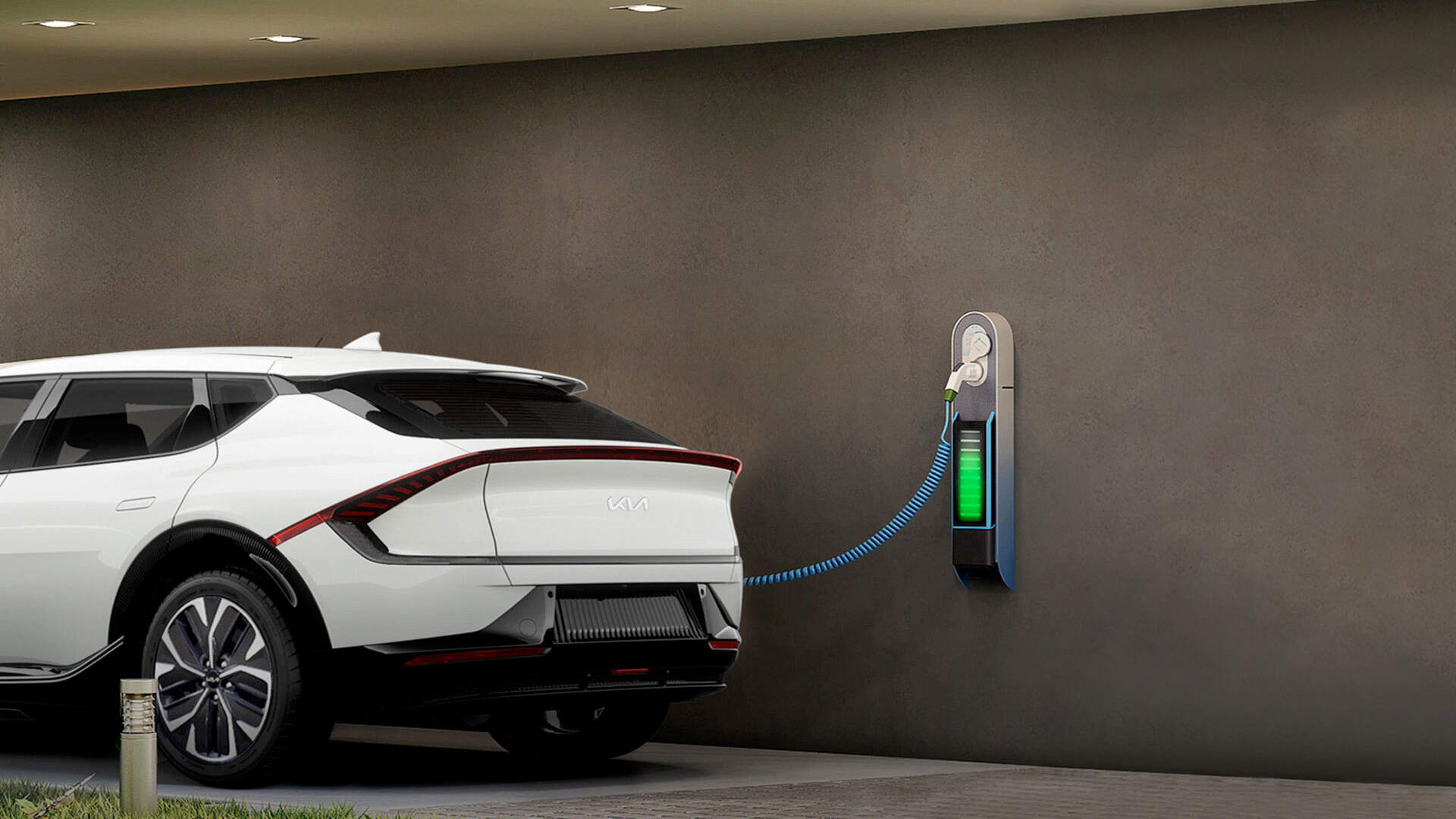 EV6 being charged with a charger installed on a wall