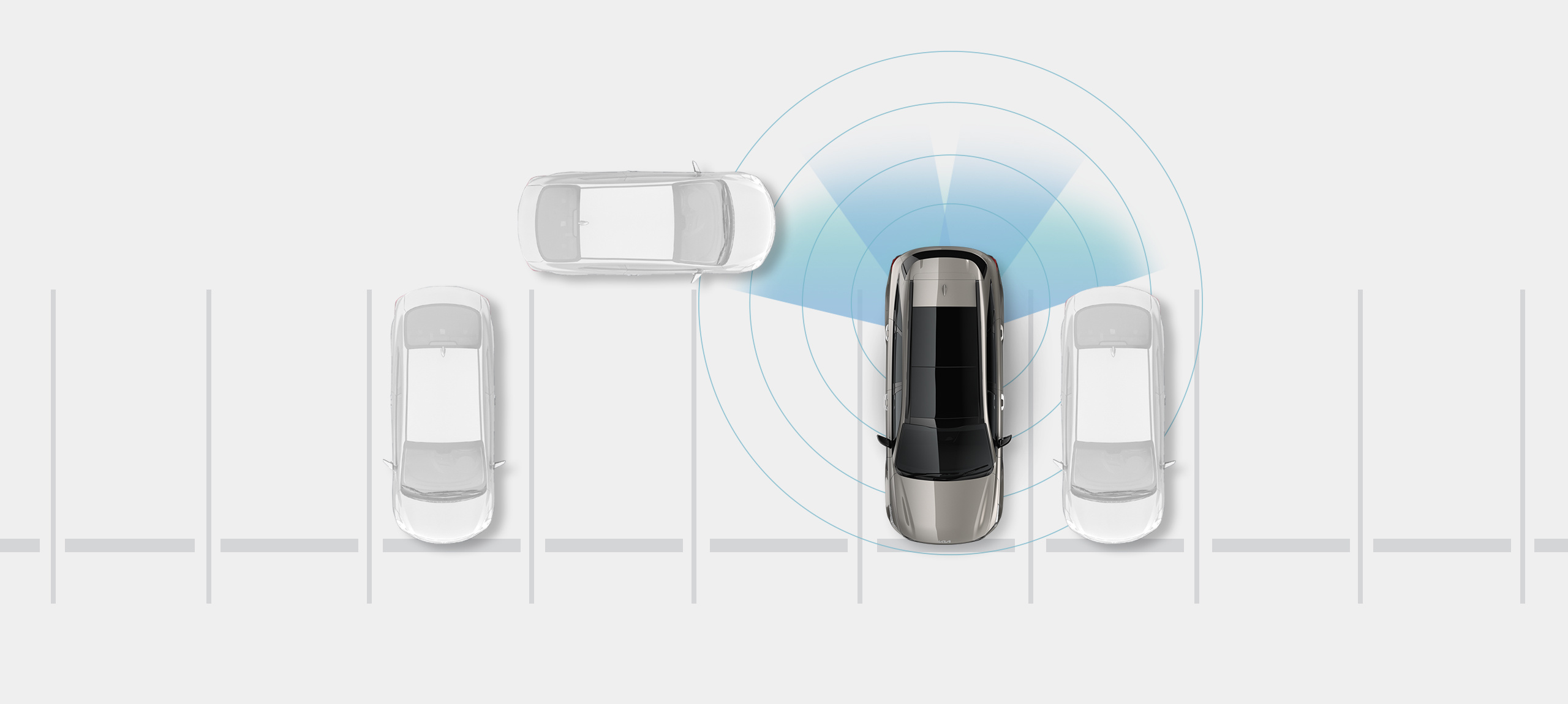 Vehículo Kia estacionado en un espacio con anillos a su alrededor para mostrar que el automóvil detecta posibles peligros y una sección resaltada para demostrar que detecta un vehículo que se aproxima detrás de él
