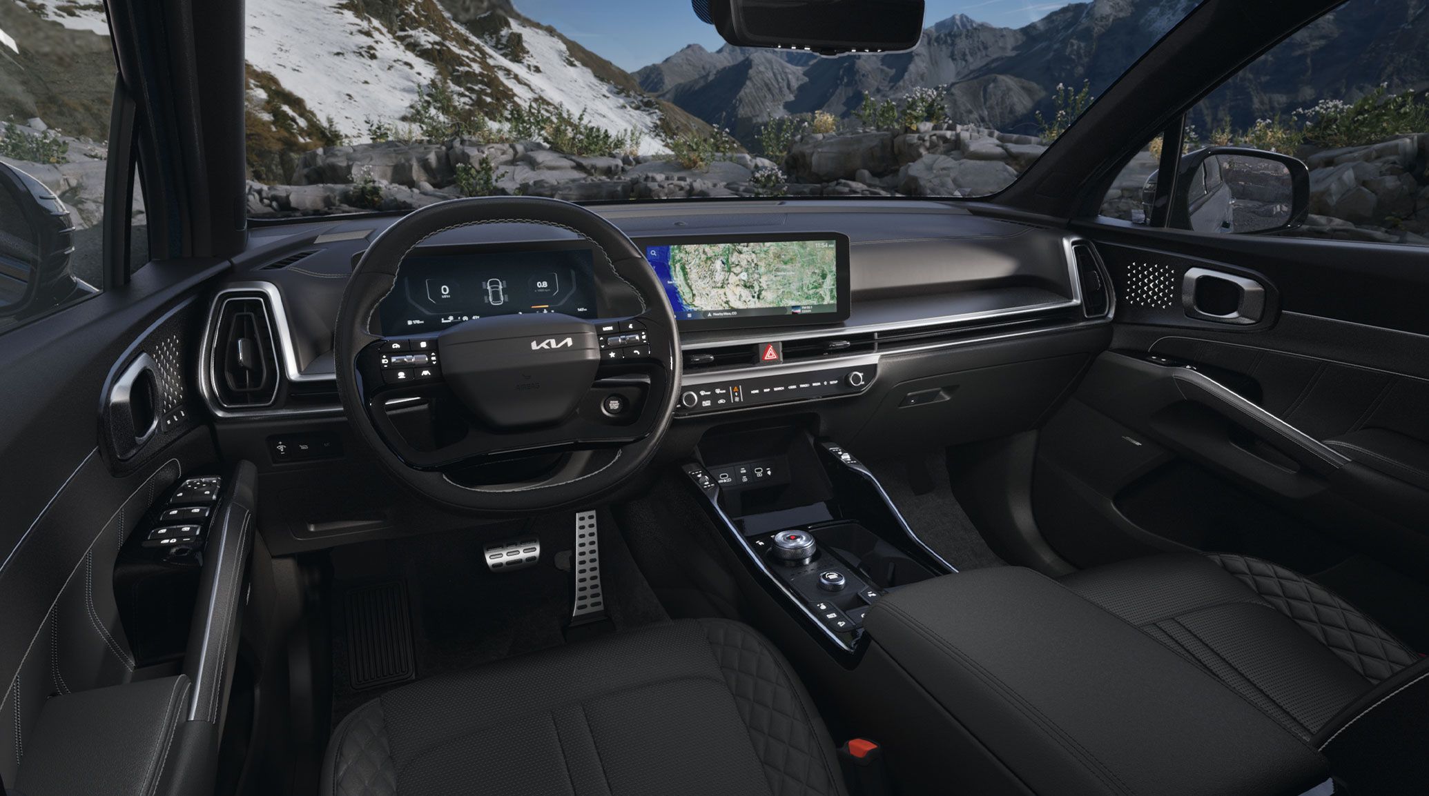 2026 kia sorento hybrid X-Line SX Prestige shown in black leather seat trim with quilted and perforated seats and soft-touch door panels