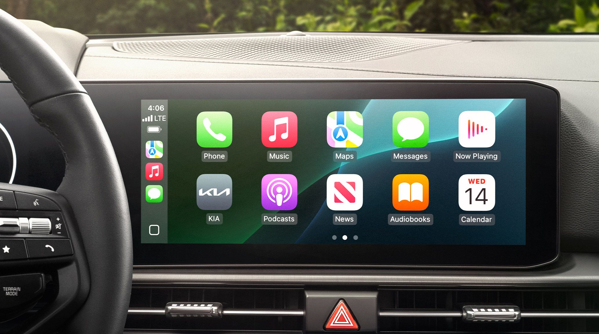 2027 Kia Sportage Plug-In Hybrid interior, zoomed-in view of the infotainment screen with Apple CarPlay turned on, featuring popular apps like music, podcasts, maps, and messages on the screen.