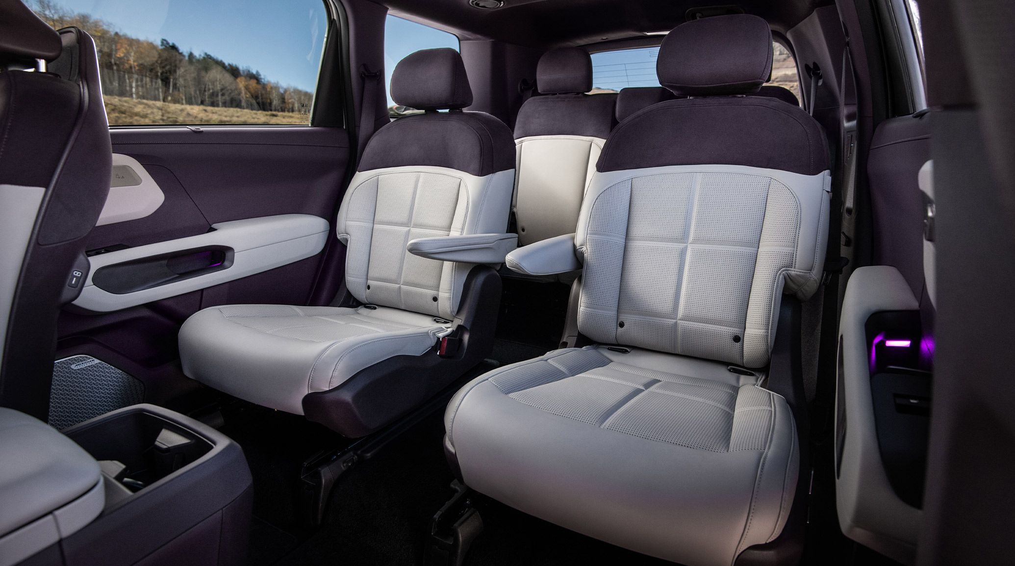 2027 kia telluride SX Prestige shown with Blackberry and Sand Beige SynTex and SynTex suede seat trim, 6-way power, heated and ventilated 2nd-row seats with Relaxation Mode, and heated outboard 3rd-row seats. 