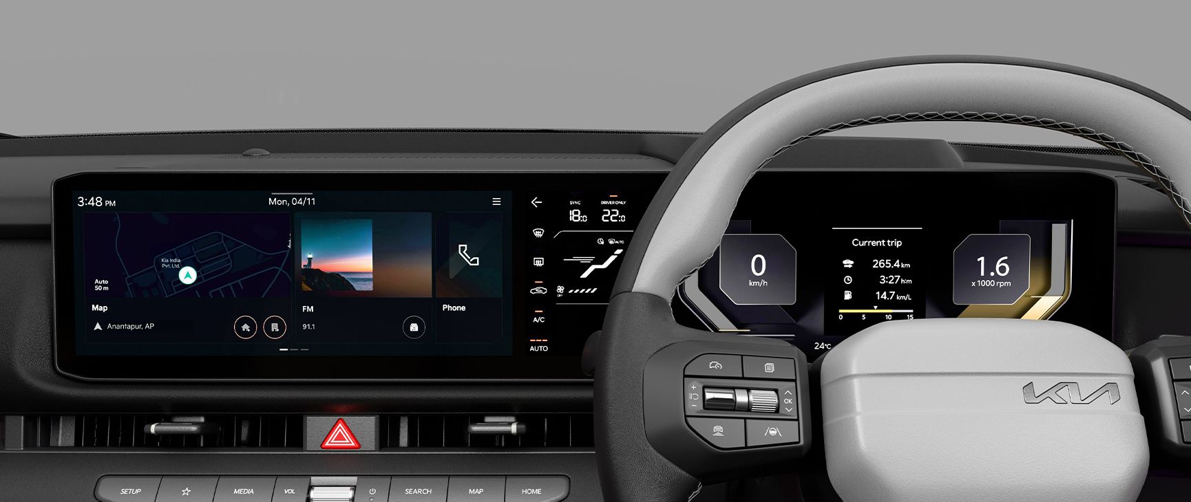 Kia Seltos wide touchscreen car dashboard displaying apps like FM radio, Phone, calendar, and digital clock with modern interface.