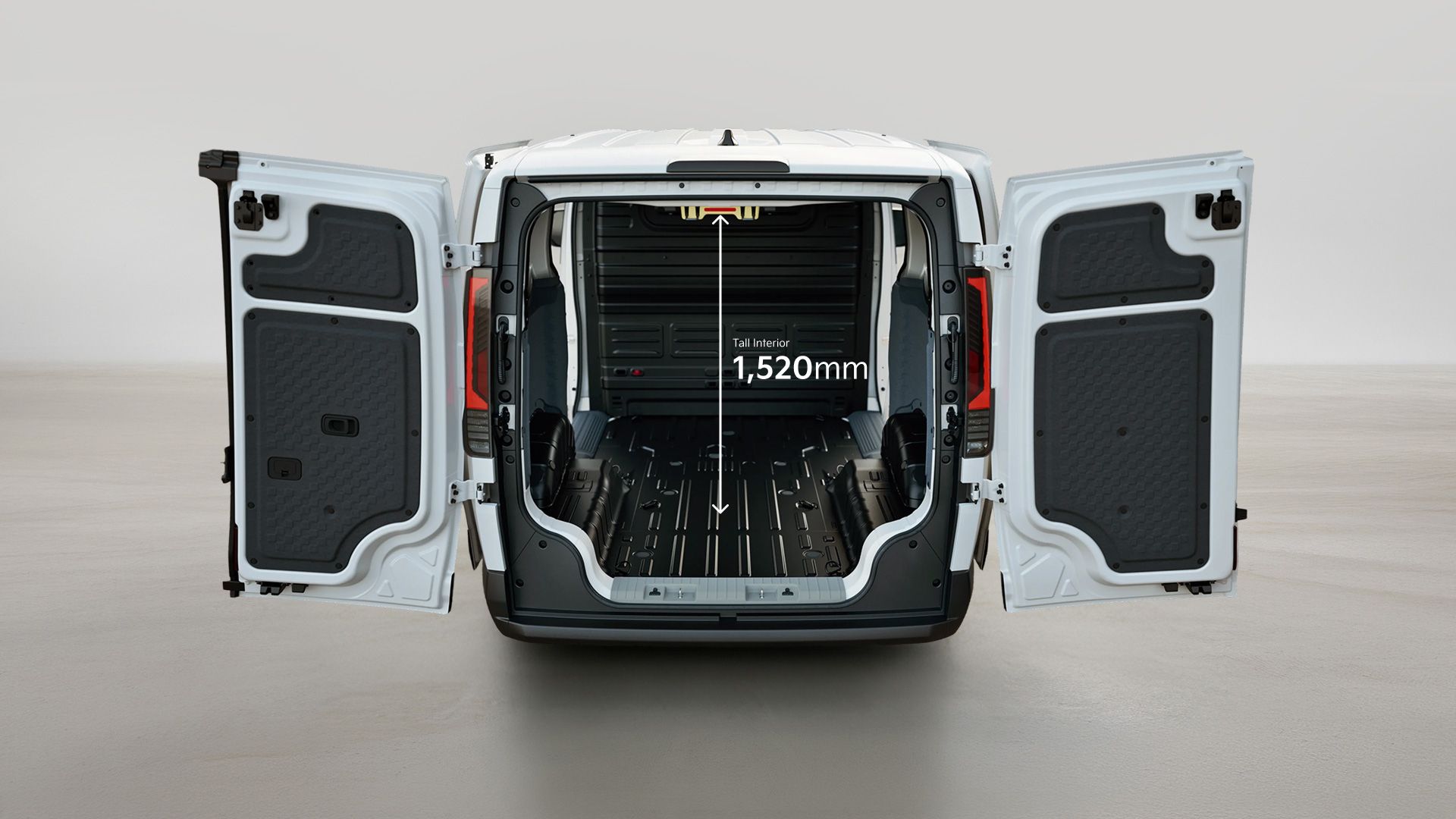 Rear view of the Kia PV5 Cargo with opened cargo doors