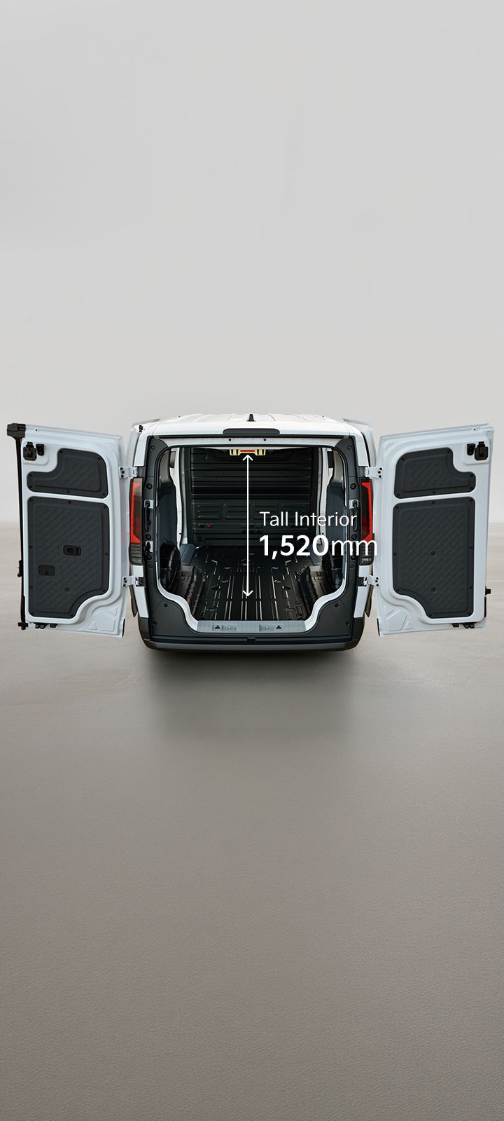 Rear view of the Kia PV5 Cargo with opened cargo doors