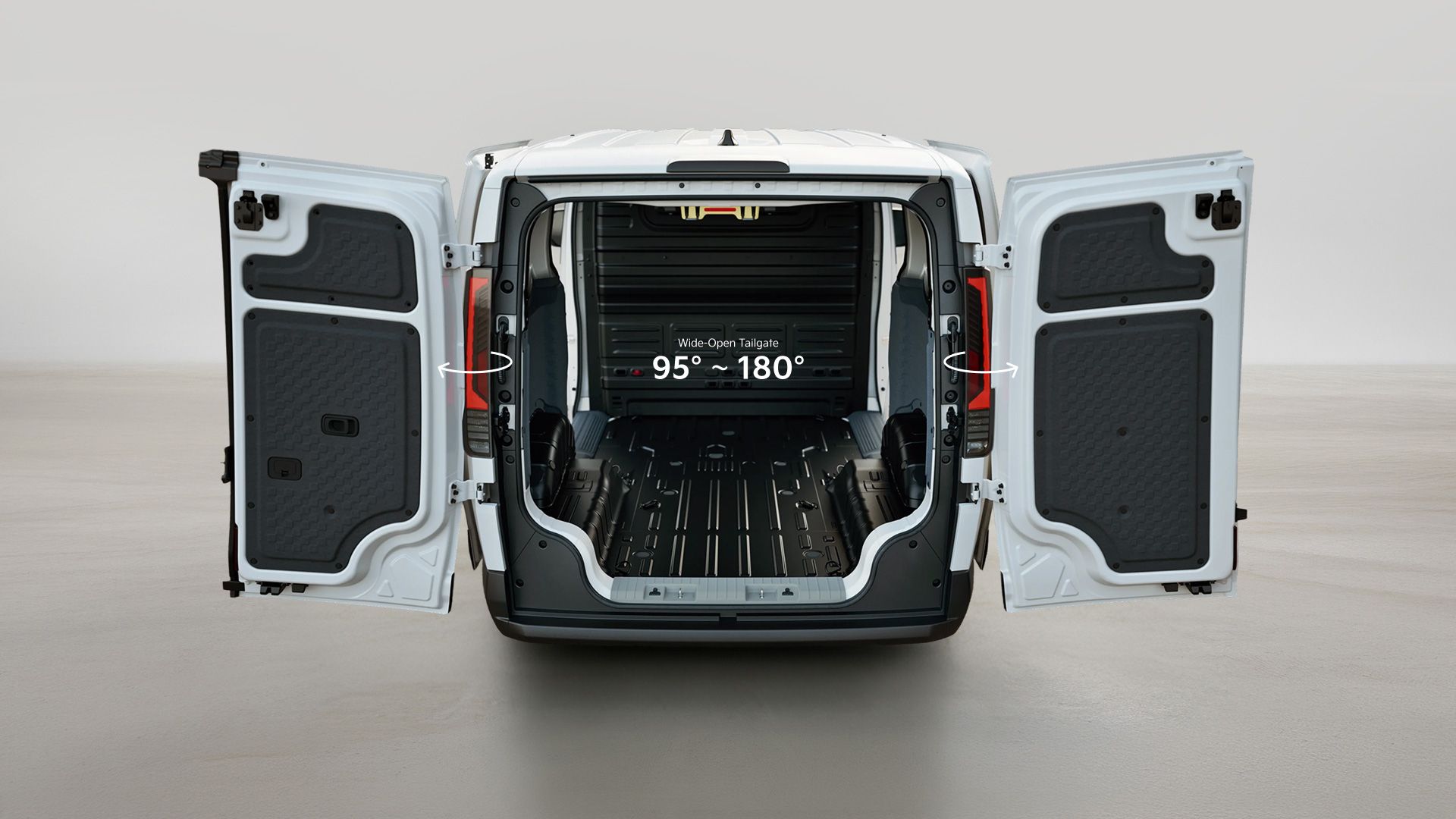Rear view of the Kia PV5 Cargo, showing door swing angle with opened cargo doors
