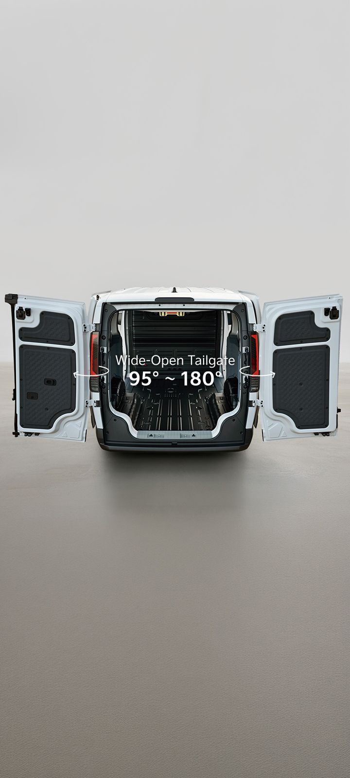 Rear view of the Kia PV5 Cargo, showing door swing angle with opened cargo doors
