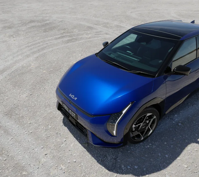 Kia EV4 sedan blue top quarter view