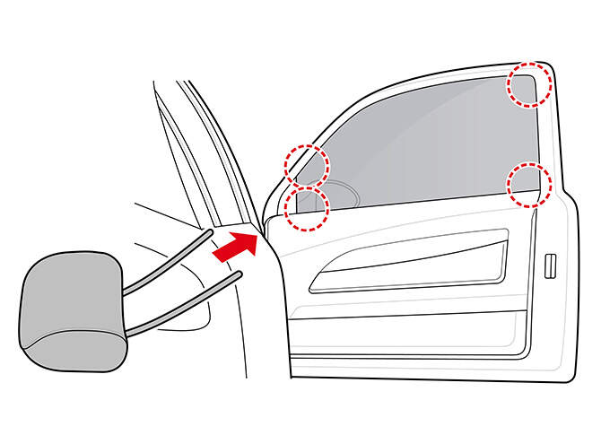 Illustration showing spots to hit with the headrest to break car window 