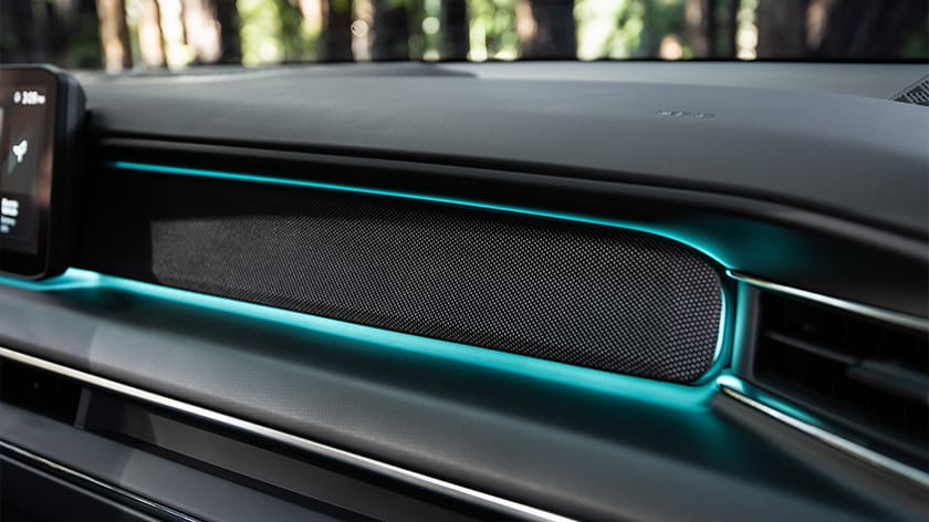 Vista interior del Kia EV9 que muestra el panel de seguridad con iluminación ambiental bicolor.