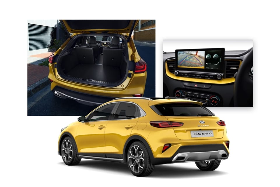 Vue latérale de la Kia Xceed avec prises de vues de l’espace de chargement et du panneau de navigation