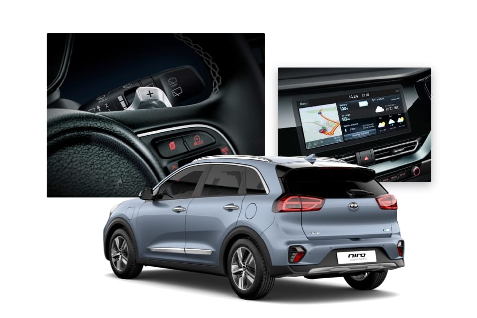 Vue latérale du Kia Niro Plug-in Hybrid avec prises de vues de la commande du freinage régénératif et du panneau de navigation