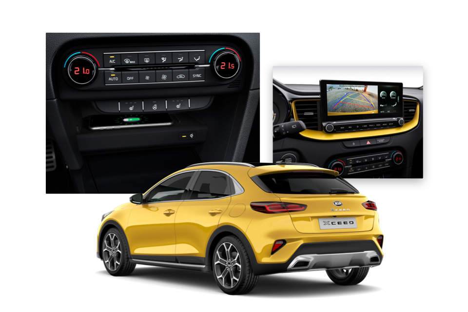 Side view of the Kia Xceed and shots of its navigation screen and control panel