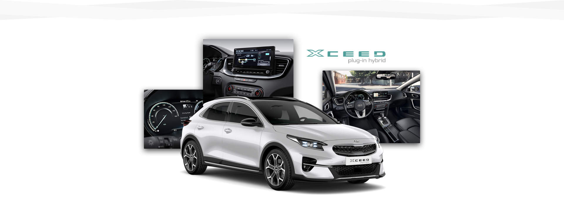 Side view of the Kia Xceed Plug-in Hybrid and shots of its interior, navigation screen and instrument cluster