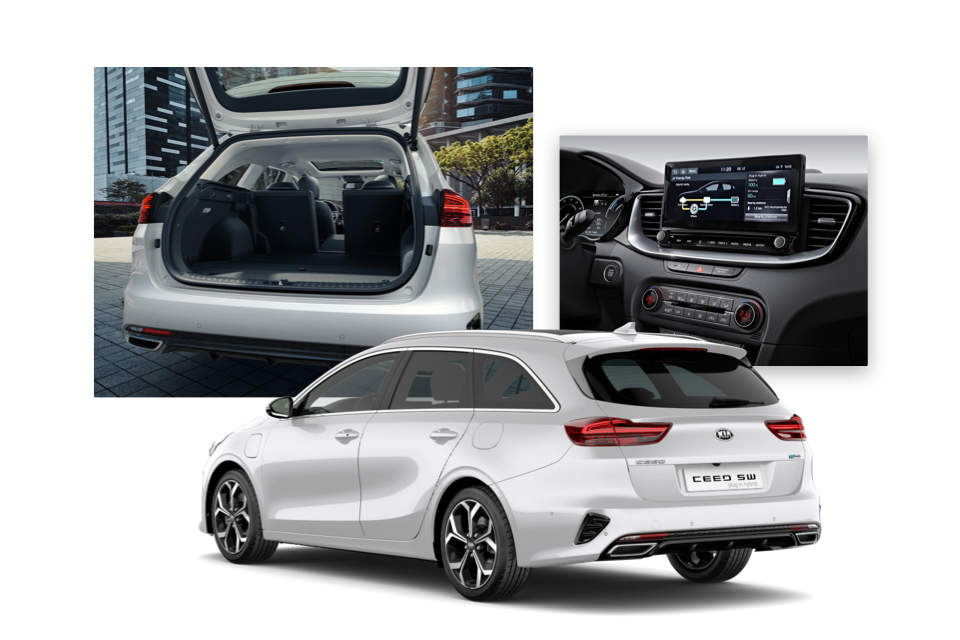 Side view of the Kia Ceed Sportswagon Plug-in Hybrid and shots of its luggage space and navigation screen