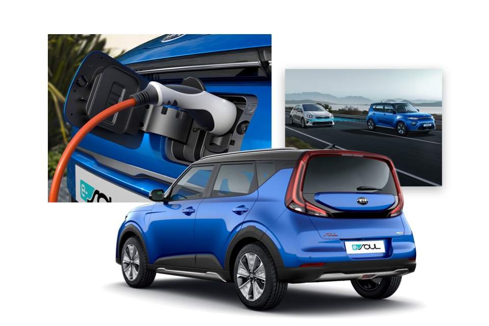 Side view of the Kia e-Soul and shots of its charging point and charging monitor