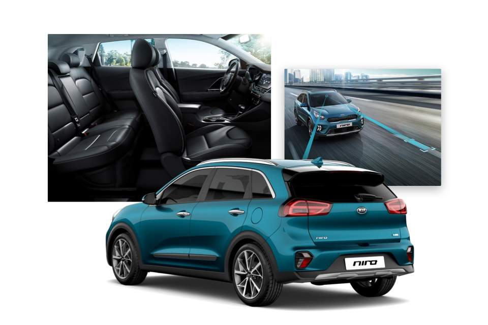 Side view of Kia e-Niro with cutaway view of drive system and shot of drive mode selector