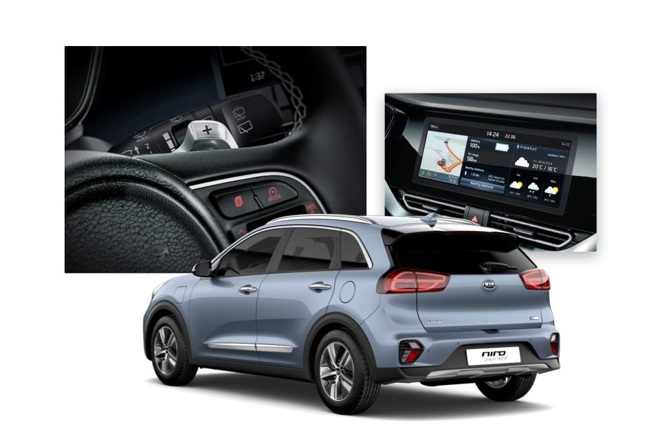 Side view of Kia e-Niro with cutaway view of drive system and shot of drive mode selector