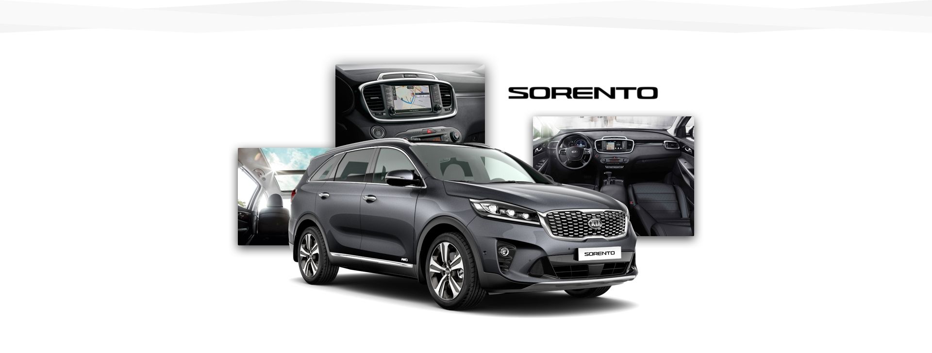 Vue latérale du Sorento de Kia avec prises de vues du toit ouvrant, du panneau de navigation et de l’habitacle