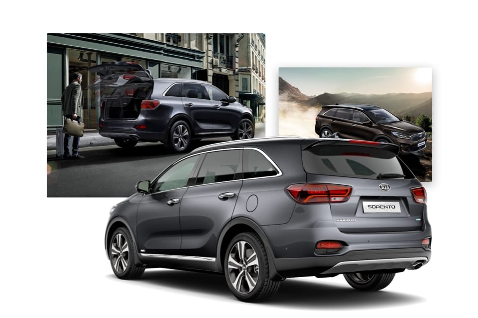 Vue latérale du Sorento de Kia avec prises de vues de l’espace de chargement et des capacités tout-terrain