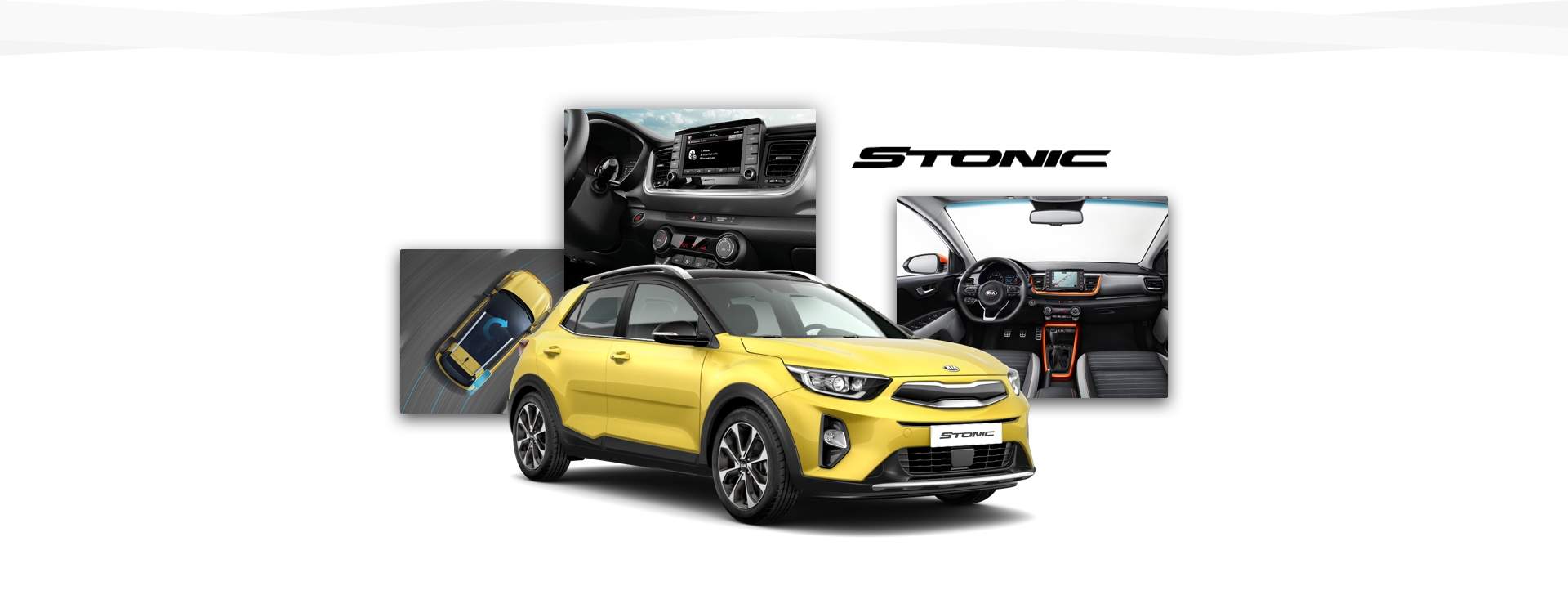 Side view of Kia Stonic with shots of stability control system, instrument cluster and cabin