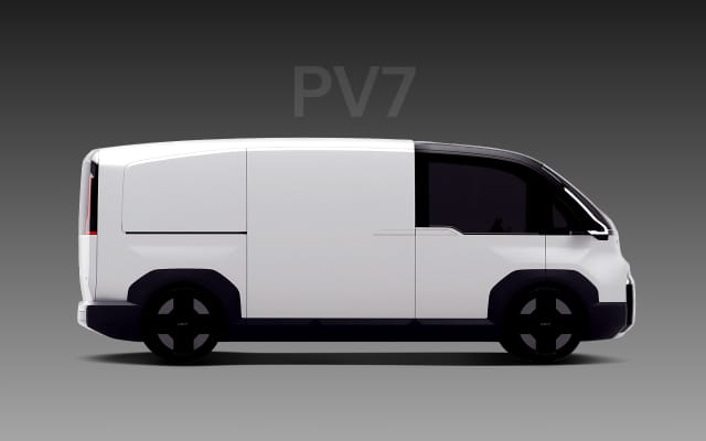 Side view of the white Kia PV7 with long wheelbase design