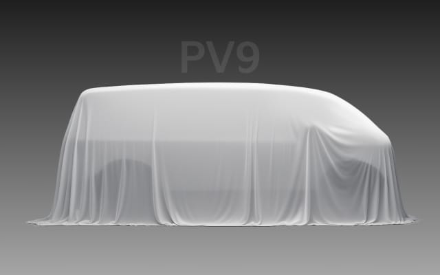 Side view of the Kia PV9 covered with a white sheet silhouette