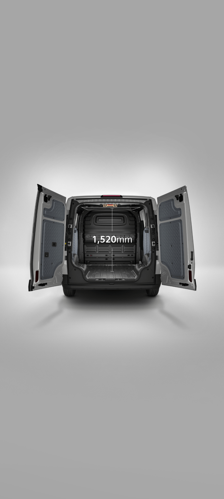 Rear view of the Kia PV5 Cargo Standard with cargo doors open, showing a cargo height of 1,520 mm