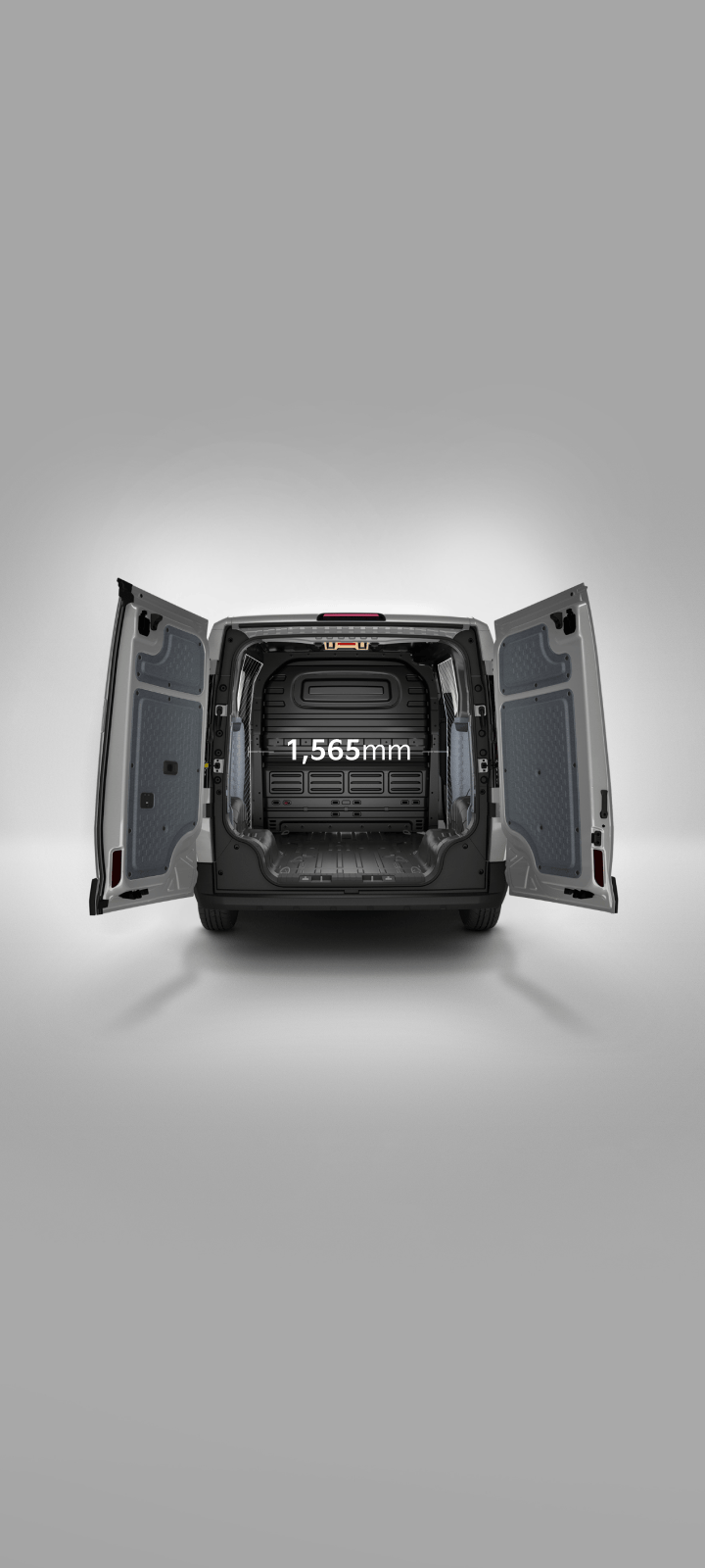 Rear view of the Kia PV5 Cargo Standard with cargo doors open, showing a cargo width of 1,565 mm