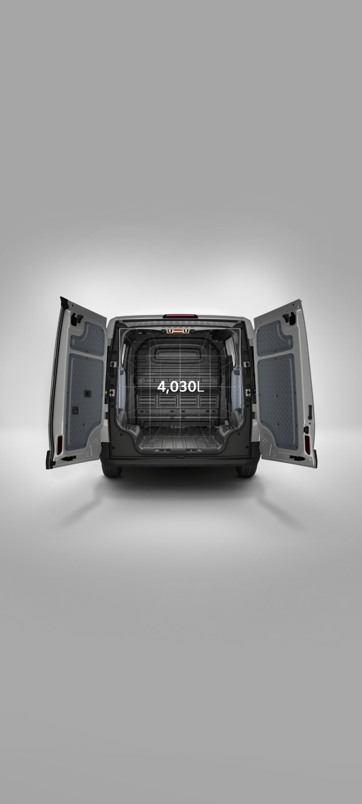 Rear view of the Kia PV5 Cargo Standard with cargo doors open, showing a cargo volume of 4,030 L