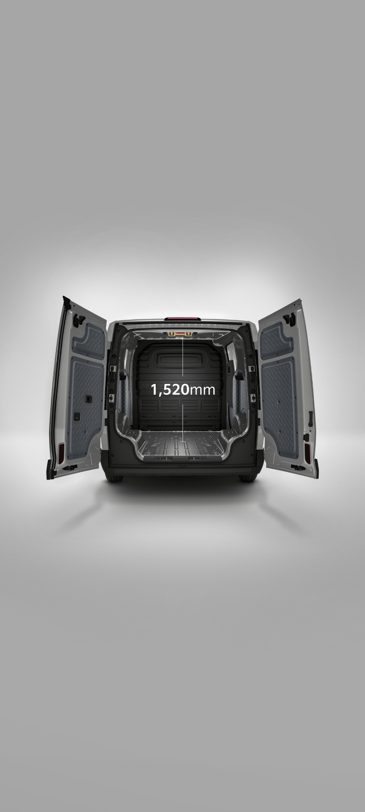 Rear view of the Kia PV5 Cargo Long with cargo doors open, showing a cargo height of 1,520 mm