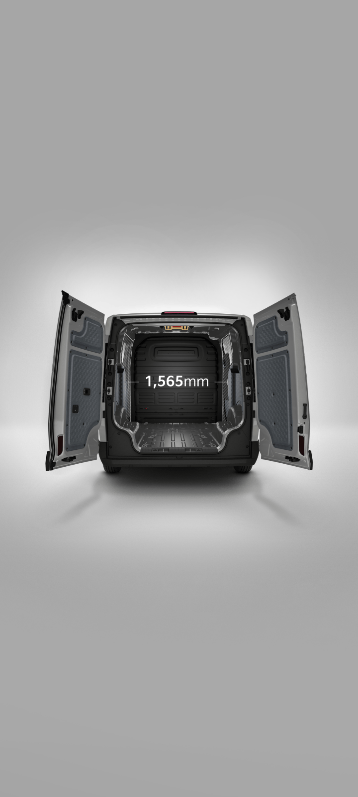 Rear view of the Kia PV5 Cargo Long with cargo doors open, showing a cargo width of 1,565 mm