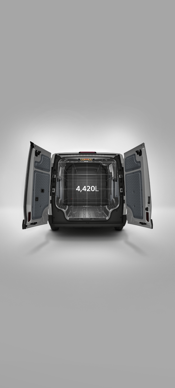 Rear view of the Kia PV5 Cargo Long with cargo doors open, showing a cargo volume of 4,420 L