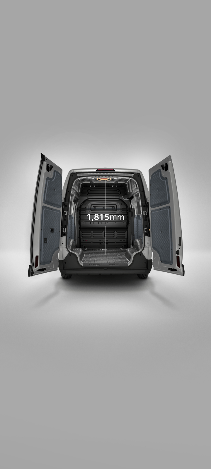 Rear view of the Kia PV5 Cargo High Roof with cargo doors open, showing a cargo height of 1,815 mm