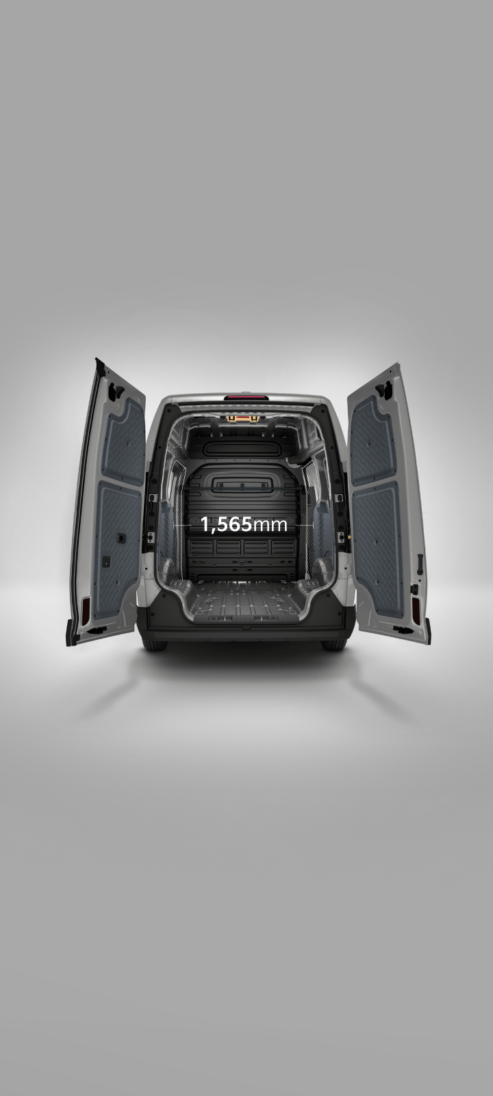 Rear view of the Kia PV5 Cargo High Roof with cargo doors open, showing a cargo width of 1,565 mm