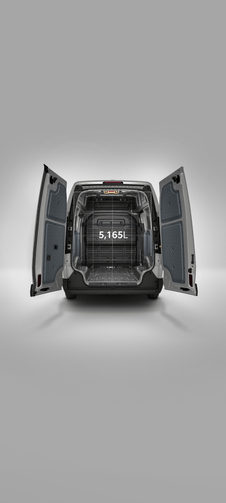 Rear view of the Kia PV5 Cargo High Roof with cargo doors open, showing a cargo volume of 5,165 L