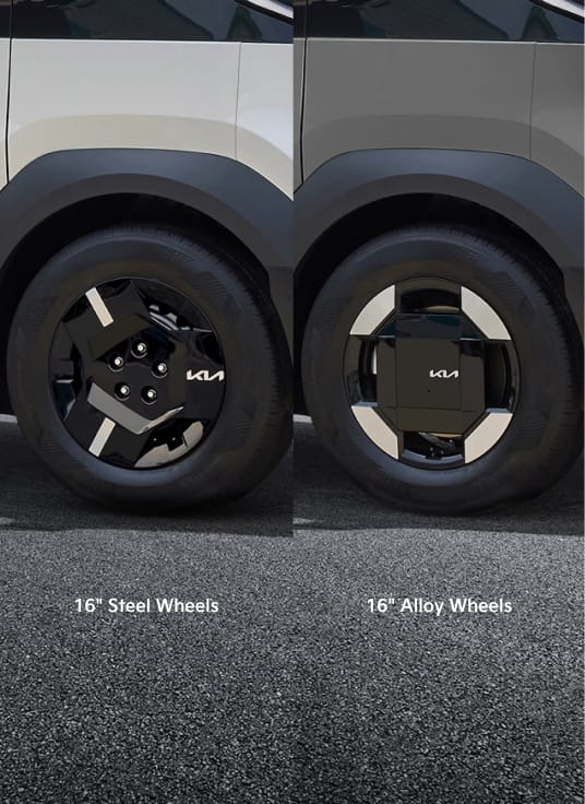 Kia PV5 Cargo steel and alloy wheels shown side by side