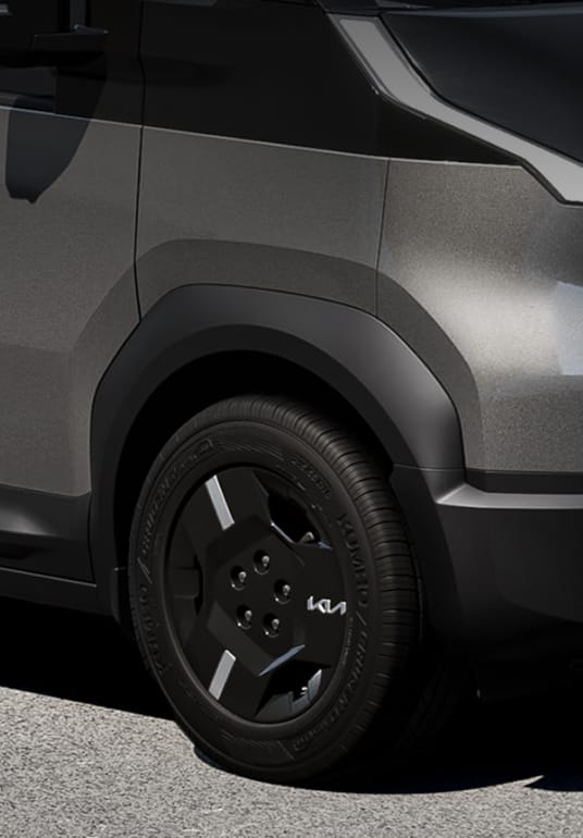 Close-up of the Kia PV5 Cargo front wheel