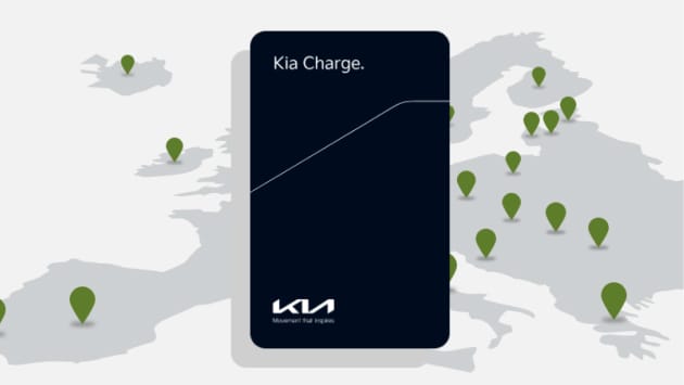 Kia Charge card shown above a map with location markers across Europe