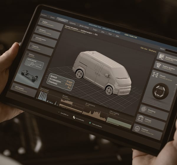 Hands holding a tablet showing a 3D Kia vehicle with diagnostic data