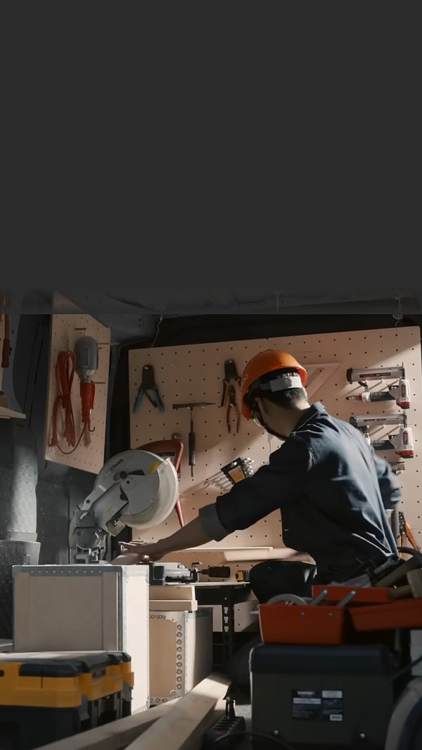 The Kia PV5 Cargo interior converted into mobile workshop with tools and equipment