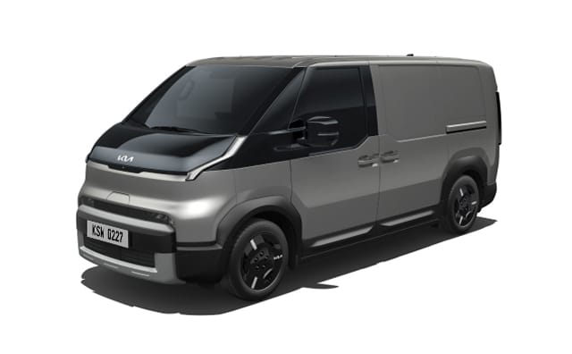 Full front-side view of white Kia PV5 Cargo