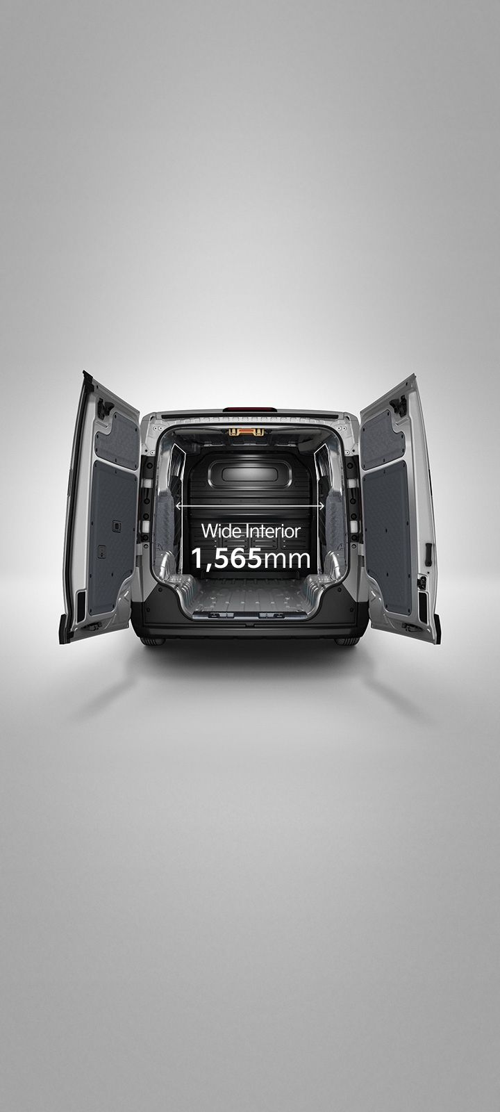 Rear view of the Kia PV5 Cargo with opened cargo doors