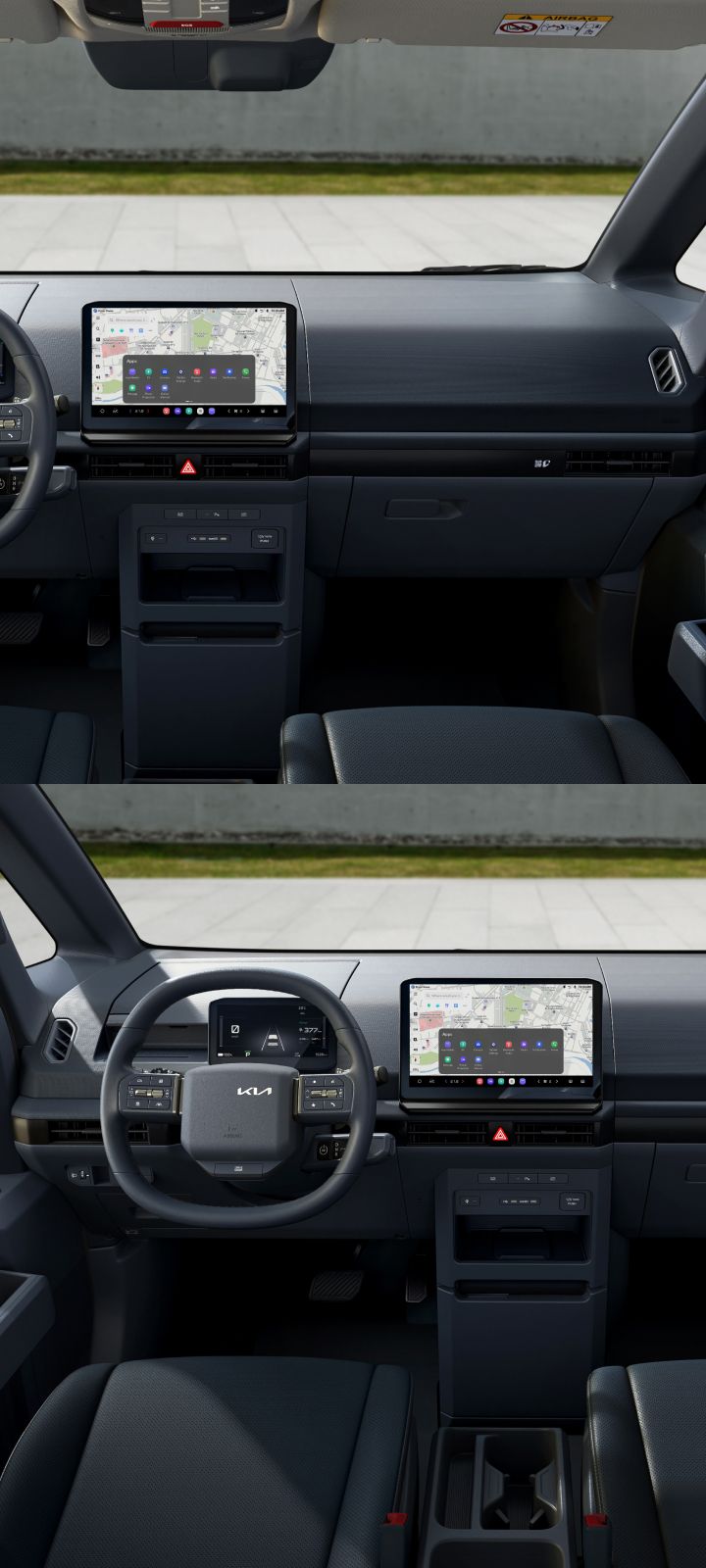 Front driver’s view of Kia PV5 interior showing steering wheel and infotainment display