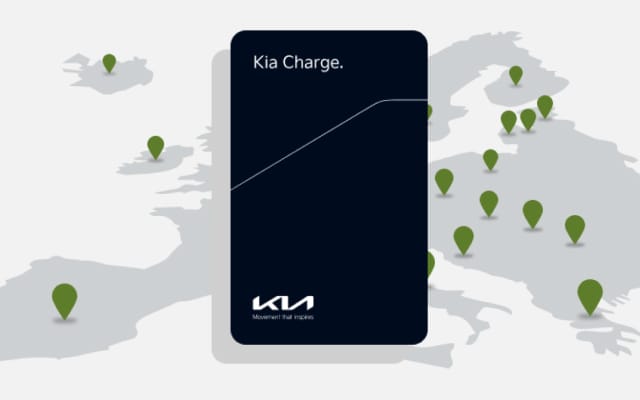 Kia Charge card shown above a map with green location markers across Europe