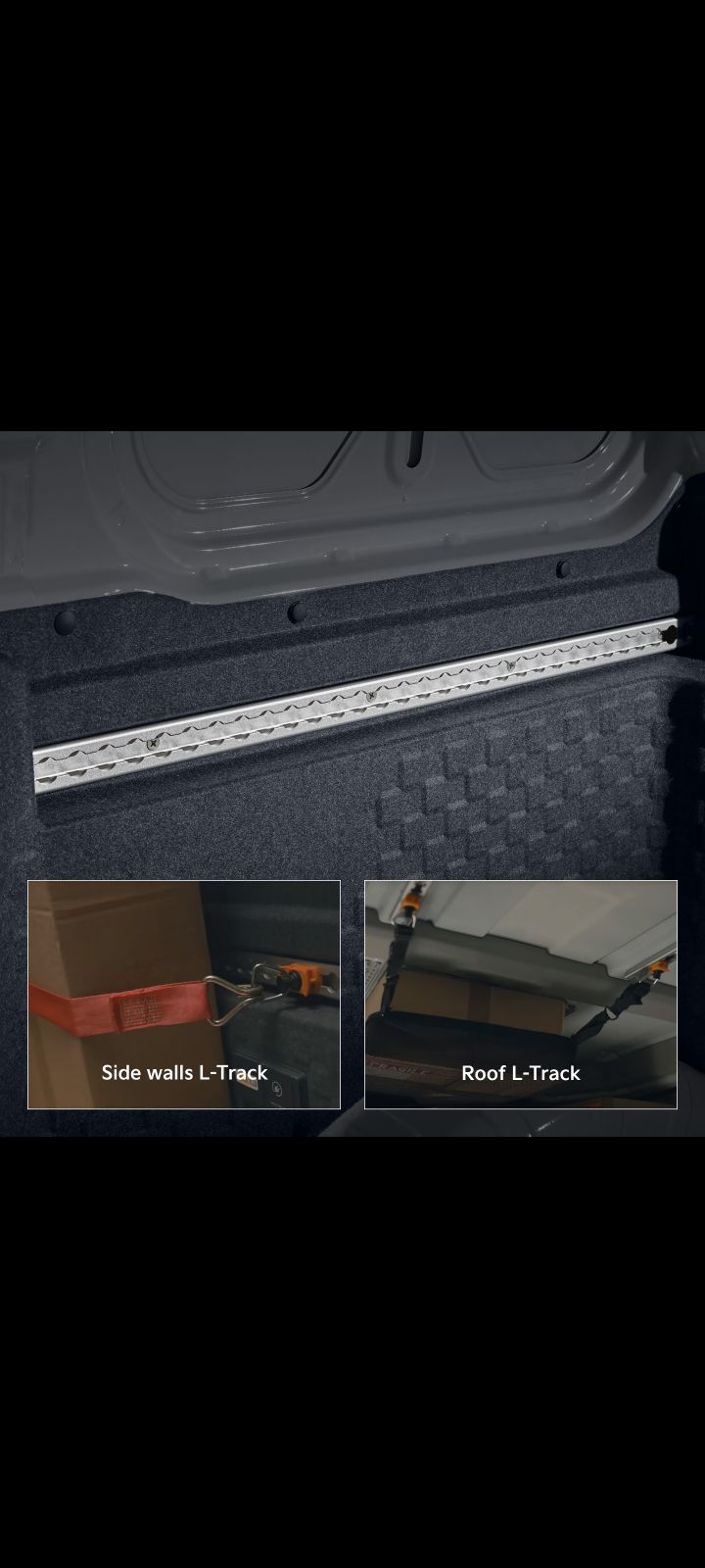 Close-up of the Kia PV5 Cargo L-track rail with inset examples of secured items