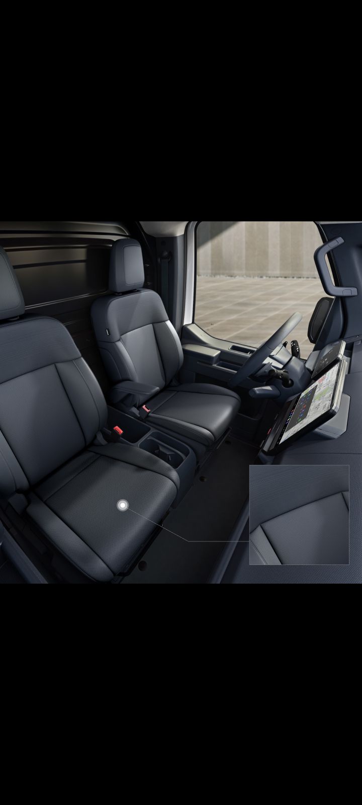 Front passenger and centre seats of the Kia PV5 Cargo interior